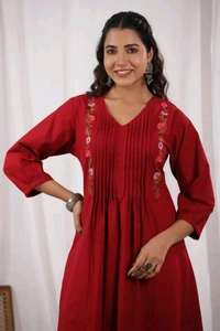SF5 5631 Heavy Cotton With  embroidered  work Kurti Paired With Pant 
 - Red, M-38