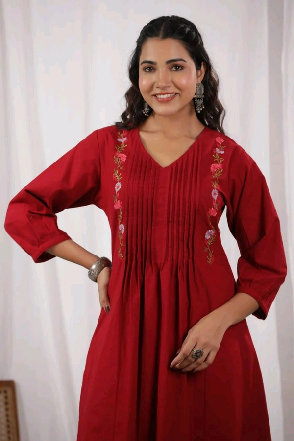 SF5 5631 Heavy Cotton With  embroidered  work Kurti Paired With Pant 
 - Red, M-38