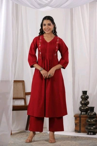 SF5 5631 Heavy Cotton With  embroidered  work Kurti Paired With Pant 
 - Red, M-38