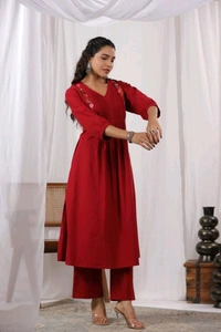 SF5 5631 Heavy Cotton With  embroidered  work Kurti Paired With Pant 
 - Red, M-38