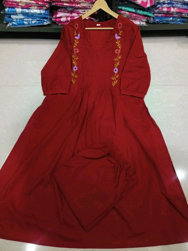 SF5 5631 Heavy Cotton With  embroidered  work Kurti Paired With Pant 
 - Red, M-38