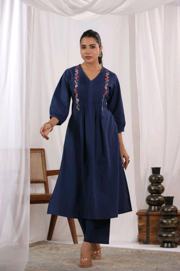 SF5 5631 Heavy Cotton With  embroidered  work Kurti Paired With Pant 
 - Blue, XL-42