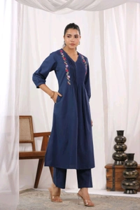 SF5 5631 Heavy Cotton With  embroidered  work Kurti Paired With Pant 
 - Blue, XL-42