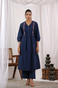 SF5 5631 Heavy Cotton With  embroidered  work Kurti Paired With Pant 
 - Blue, XL-42