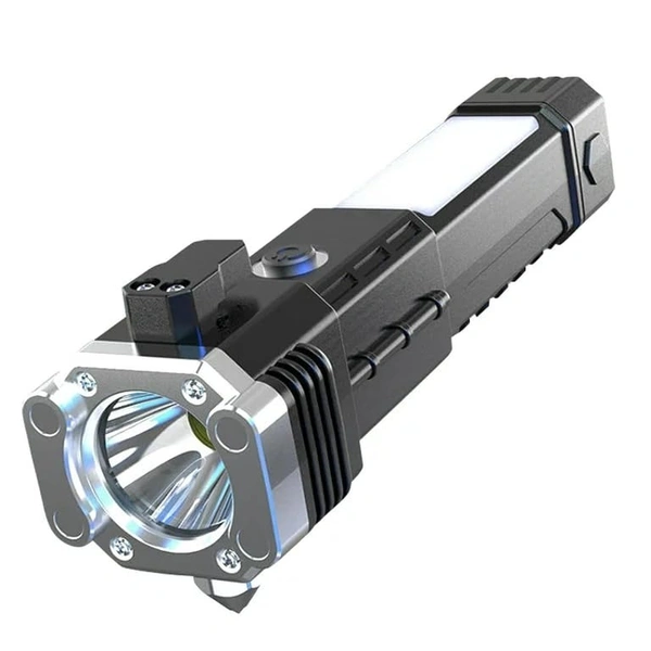  Portable LED Rechargeable Torch Flashlight | Multifunctional Work Light Power Bank 3W Emergency Safety Hammer Waterproof with Sidelight for Car Outdoor Camping Hiking Travelling 