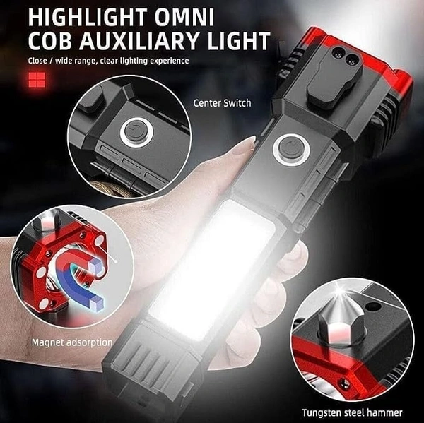  Portable LED Rechargeable Torch Flashlight | Multifunctional Work Light Power Bank 3W Emergency Safety Hammer Waterproof with Sidelight for Car Outdoor Camping Hiking Travelling 