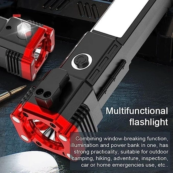  Portable LED Rechargeable Torch Flashlight | Multifunctional Work Light Power Bank 3W Emergency Safety Hammer Waterproof with Sidelight for Car Outdoor Camping Hiking Travelling 