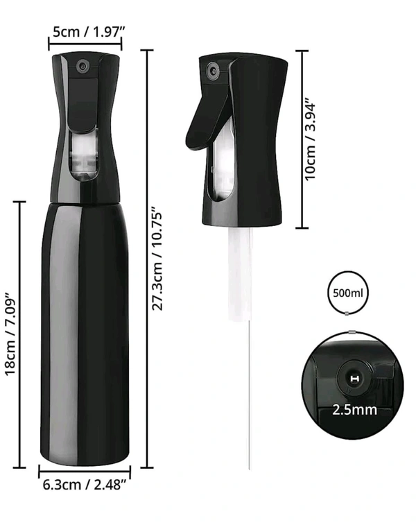Spray Bottle Refillable Fine Mist Sprayer Bottle for Hair Styling, Cleaning, Garden Continuous Water Mister - Black, 500 Ml