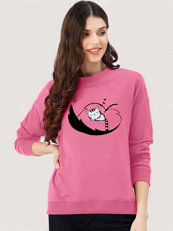 Full Sleeve Round Neck Printed Pink Tshirt For Women  - Tickle Me Pink, XL