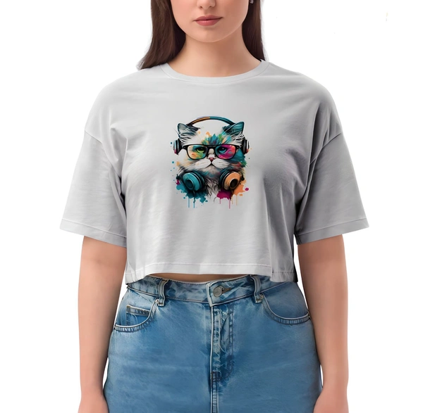 White Crop Top With Cat Printed - White, XXL