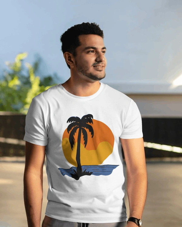 Trendy Beach Printed In White T-shirt For Men  - White, XL