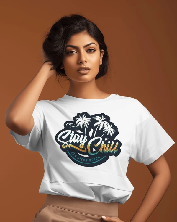 Beach Theme Printed Tshirt For Women  - White, XL