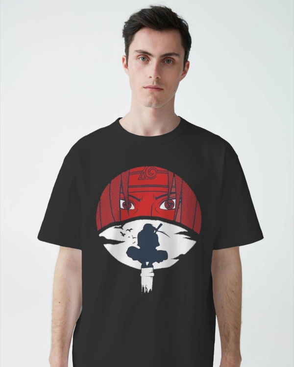 Anime Drop shoulder Tshirt, Black Round Neck Three Quarter Sleeve Tshirt  - Black, Free