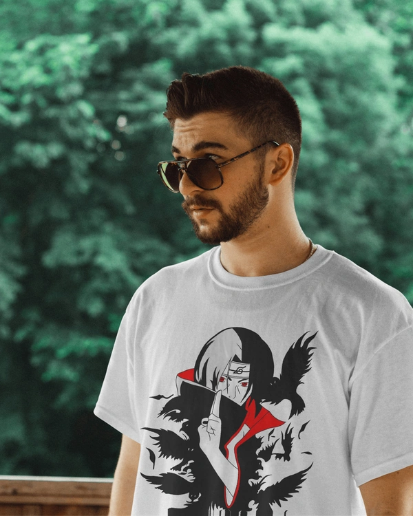 Itachi Anime Tshirt For Men, White Cotton Printed Tshirt 