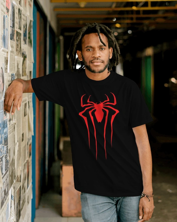 Spider Man Tshirt, Black Round Neck Printed Tshirt  - Black, M