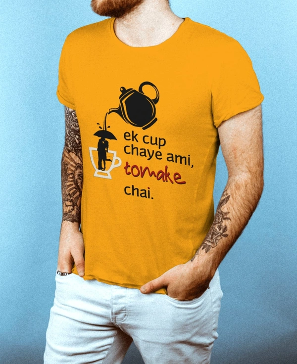 Bengali t-shirt for men's , Mustard round neck cotton printed t-shirt    
