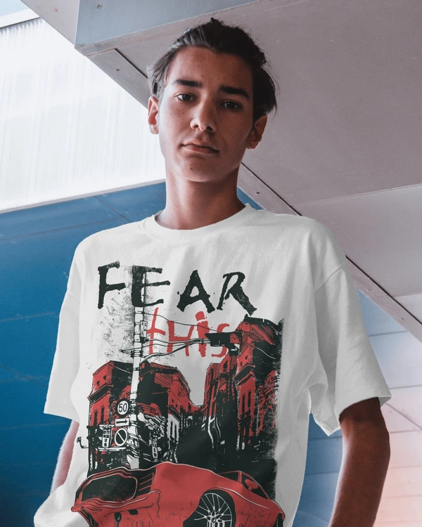 Mens Car Graphic printed white t-shirt , round neck cotton t-shirt - L, White