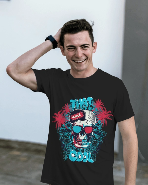 Skull Design Tshirt For Men, Regular Fit Round Neck Black Tshirt  - Black, L
