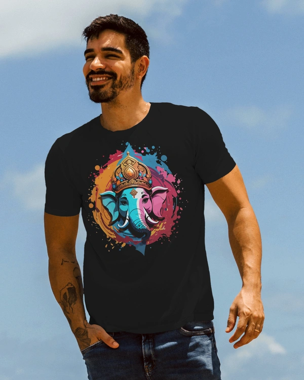 Ganesh Tshirt, Men's Regular Fit Cotton Tshirt  - Black, XL
