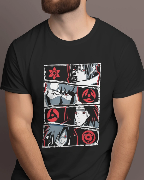 Anime Black Front Printed Round Neck Tshirt  - Black, Free/Oversized