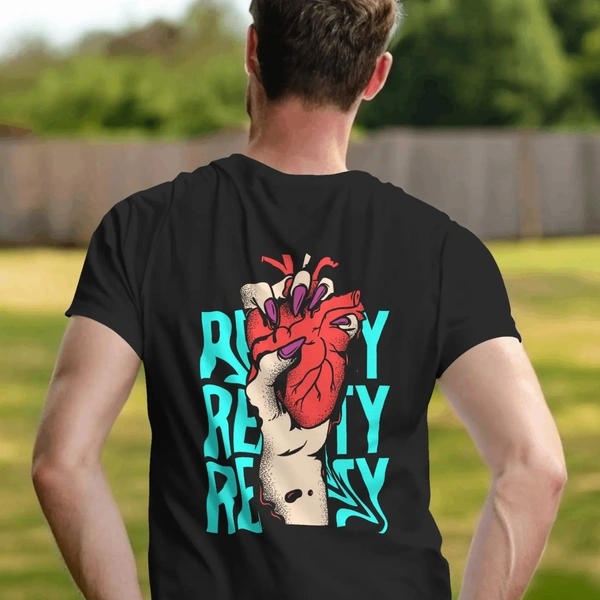 Heart Tshirt, Black Regular Fit Round Neck Back Printed Tshirt - Black, M