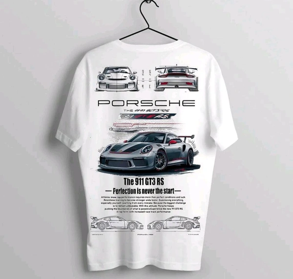 Porsche Car With Blueprint Design Back printed Tshirt  - White, Oversized M