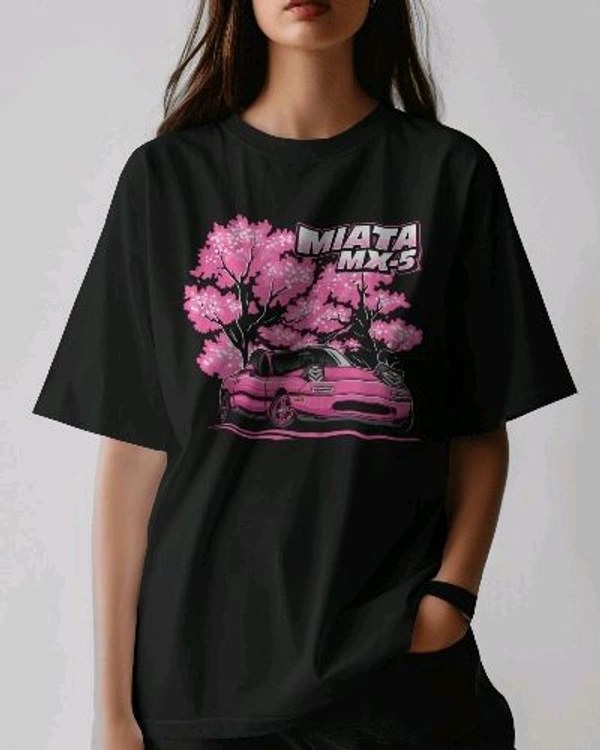 Car Printed Tshirt With Front Print, Drop Shoulder Tshirt For Women  - Black, Oversized XL