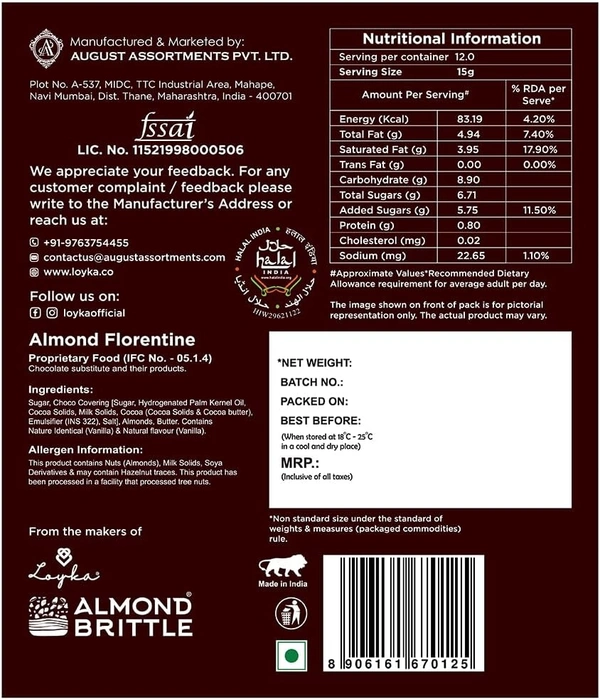 Loyka Almond Florentine Box - 12 pcs | Premium Chocolate Gift Hamper | Choco & Nut Dryfruit Delicacy | Caramalised Almonds coated with Dark Choco | Any-time snack