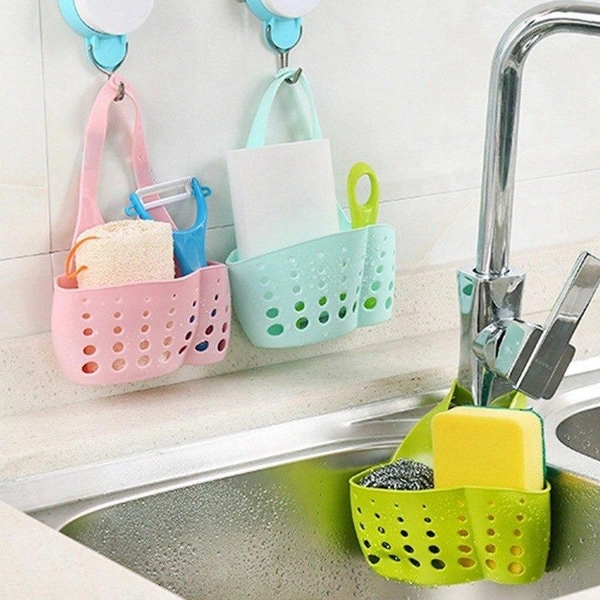 BKH762 Adjustable Kitchen Bathroom Water Drainage Plastic Basket/Bag with Faucet Sink Caddy(1pc)