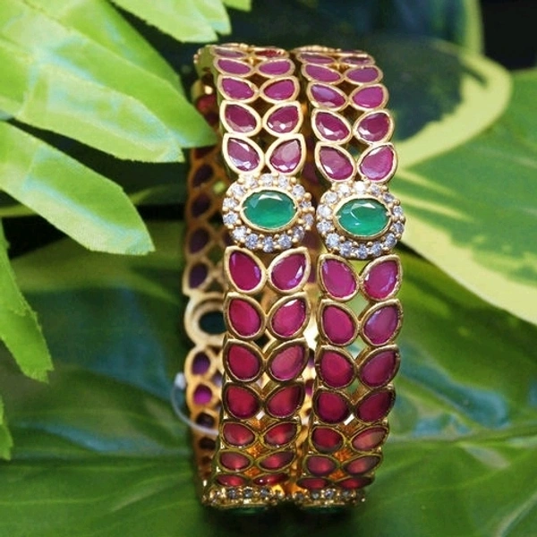 Gold Plated Bangles Made With Cz Stones And Green Colour Beads