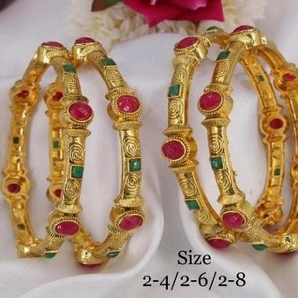 Gold Plated Bangles Made With Cz Stones And Red Colour Beads