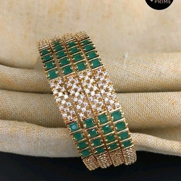 Gold Plated Bangles Made With Cz Stones And Green Colour Beads And Ruby