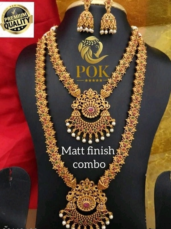 Gold Plated  Brass Metal ,Matte Finish Long Haram And Short Necklace  Combo So Many Designs Cod Available