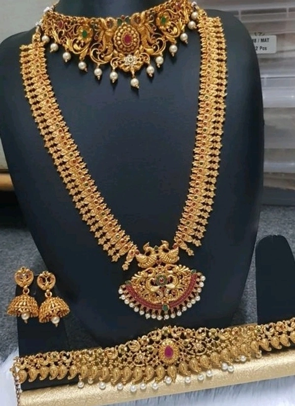 Gold Plated Matte Finish Necklace And Haram Along With Beautiful Hip Belt Many Designs Available Cod Available