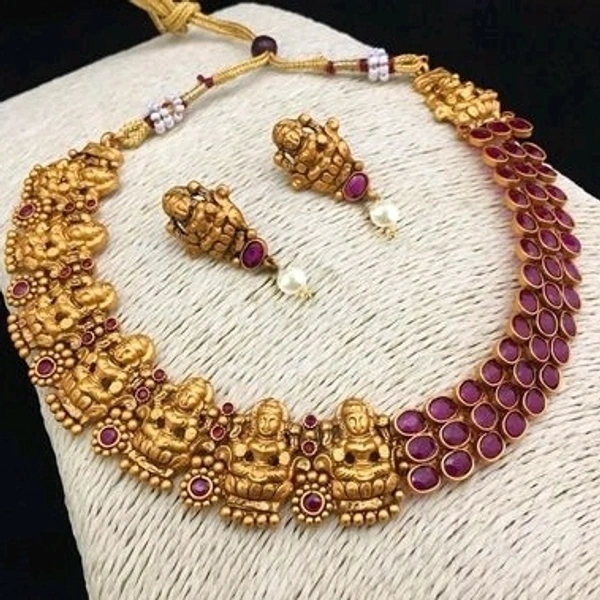 Gold Plated Matte Finish Laxmi Devi Necklace With Red Beads and Pearls Many Designs Available And COD Available