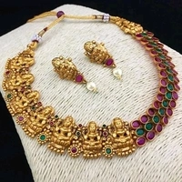 Gold Plated Matte Finish Laxmi Devi Necklace With Red Beads and Pearls Many Designs Available And COD Available