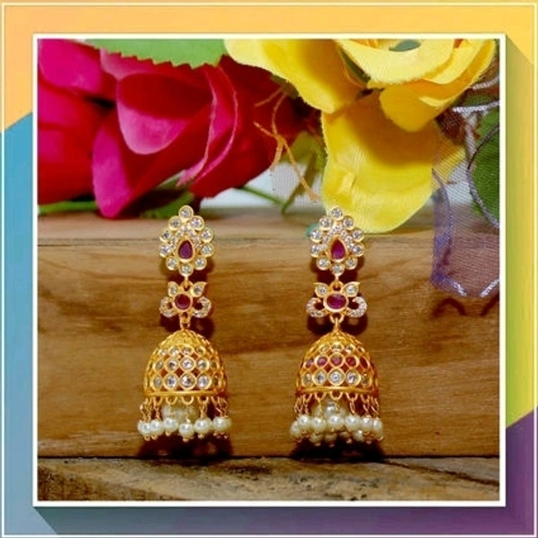 Gold Plated Matte Finish Earrings With American Diamond And Ruby COD Available