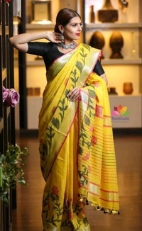 Pure Cotton Linen Fabric Woven Design Pattern, Separate Blouse Piece, Saree Length:5.5 m Blouse Length:80cm COD Available