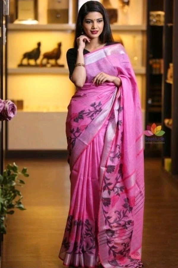 Pure Cotton Linen Fabric Woven Design Pattern, Separate Blouse Piece, Saree Length:5.5 m Blouse Length:80cm COD Available