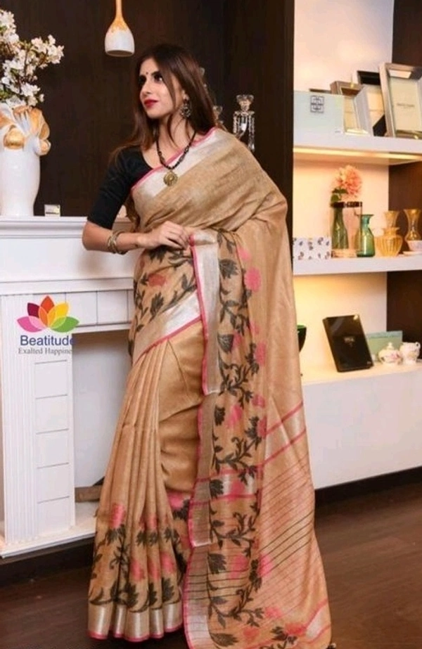 Pure Cotton Linen Fabric Woven Design Pattern, Separate Blouse Piece, Saree Length:5.5 m Blouse Length:80cm COD Available