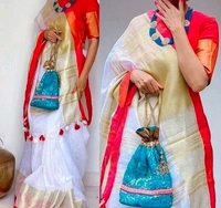 Cotton Saree With Silver Zari Border, Separate Blouse Piece Plain, Saree Length:5.5m Blouse Length:80cm COD Available