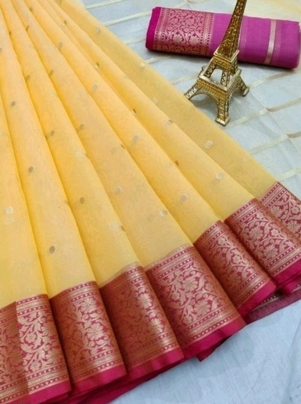  Organza Saree With Zari Woven Border, Separate Blouse Piece Same As Saree, Saree Length:5.5m Blouse Length:80cm COD Available