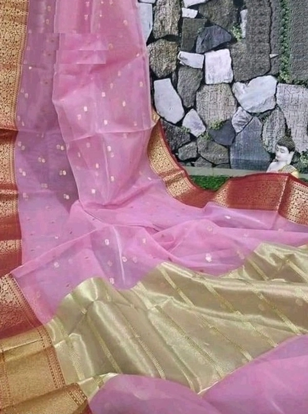  Organza Saree With Zari Woven Border, Separate Blouse Piece Same As Saree, Saree Length:5.5m Blouse Length:80cm COD Available