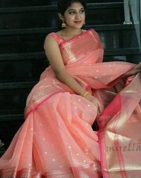  Organza Saree With Zari Woven Border, Separate Blouse Piece Same As Saree, Saree Length:5.5m Blouse Length:80cm COD Available