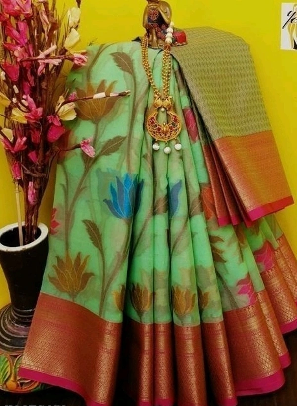  Organza Saree With Zari Woven Border Leafs Design, Separate Blouse Piece Same As Saree, Saree Length:5.5m Blouse Length:80cm COD Available
