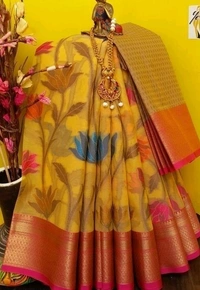  Organza Saree With Zari Woven Border Leafs Design, Separate Blouse Piece Same As Saree, Saree Length:5.5m Blouse Length:80cm COD Available