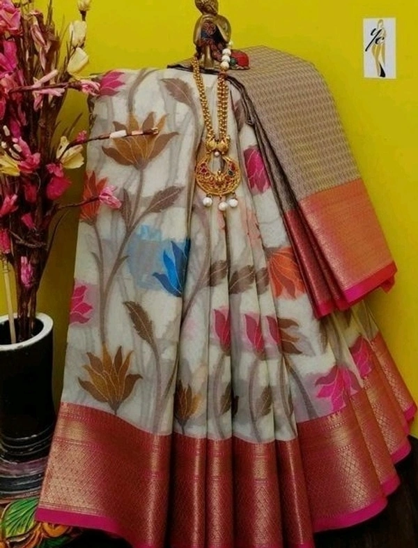 Organza Saree With Zari Woven Border Leafs Design, Separate Blouse Piece Same As Saree, Saree Length:5.5m Blouse Length:80cm COD Available