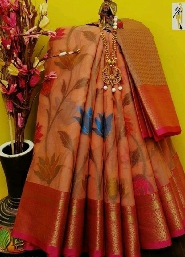  Organza Saree With Zari Woven Border Leafs Design, Separate Blouse Piece Same As Saree, Saree Length:5.5m Blouse Length:80cm COD Available