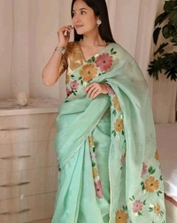  Organza Saree With 3Ddigital  Printed Design, Separate Blouse Piece( Cotton Blend) , Saree Length:5.4m Blouse Length:80cm COD Available