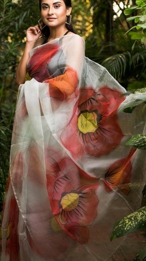  Organza Saree  Leafs Design, Separate Blouse Piece( Satin Fabric) ,Saree Length:5.5m Blouse Length:80cm COD Available